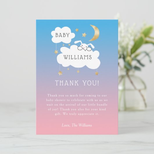 Twinkle Little Star Pink Blue Bunny Gender Reveal Dankeskarte (Stehend Vorderseite)