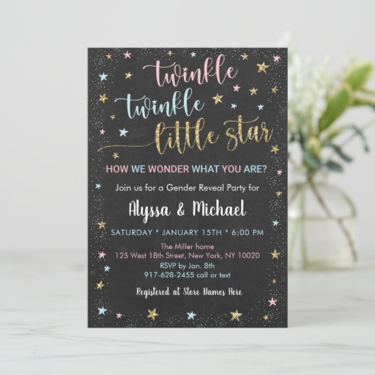 Twinkle Little Star Pink Blue Gold Gender Reveal Einladung (Stehend Vorderseite)