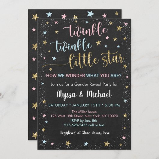 Twinkle Little Star Pink Blue Gold Gender Reveal Einladung (Vorne/Hinten)