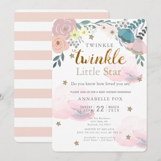 Twinkle Little Star Pink Floral Baby Dusche Einladung (Vorne/Hinten)