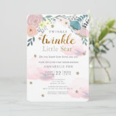 Twinkle Little Star Pink Floral Baby Dusche Einladung (Stehend Vorderseite)
