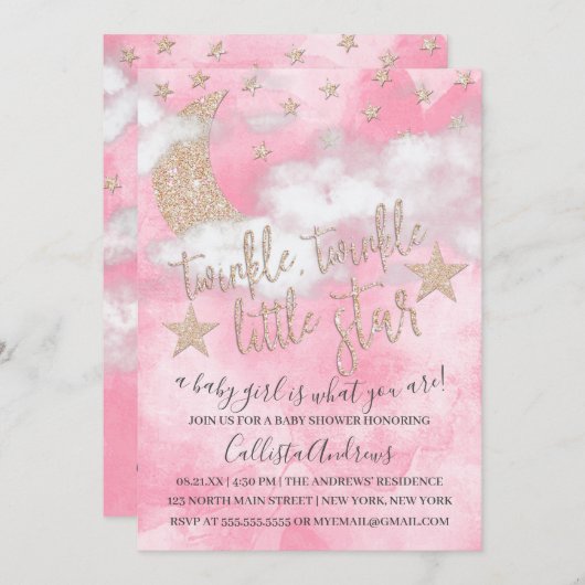 Twinkle Little Star Pink Glitzer Girl Baby Dusche Einladung (Vorne/Hinten)