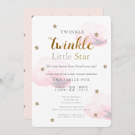 Twinkle Little Star Pink Kinderdusche Einladung (Vorne/Hinten)