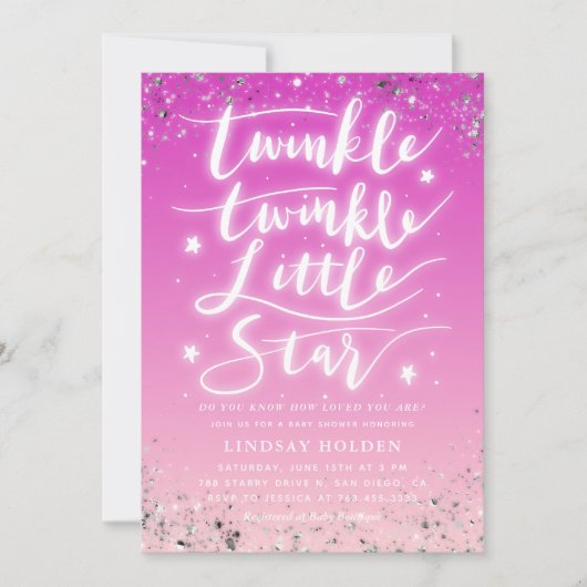 Twinkle Little Star Pink Ombre Babydusche Einladung (Vorderseite)