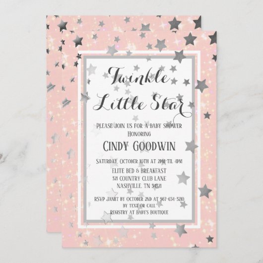 Twinkle Little Star Pink Silver Stars Baby Dusche Einladung (Vorne/Hinten)