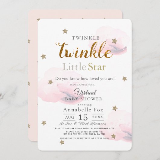 Twinkle Little Star Pink Virtual Baby Dusche Einladung (Vorne/Hinten)