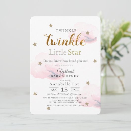 Twinkle Little Star Pink Virtual Baby Dusche Einladung (Stehend Vorderseite)