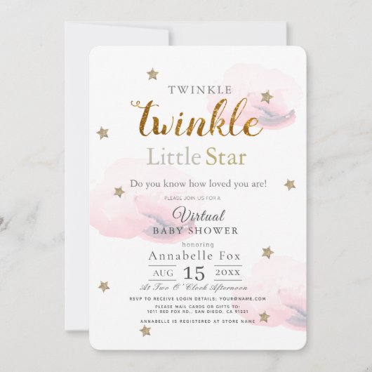 Twinkle Little Star Pink Virtual Baby Dusche Einladung (Vorderseite)