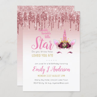 Twinkle Little Star Rose Gold Pink Einhorn Glitzer Einladung