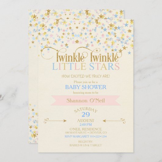 Twinkle Little Star Twins Baby Dusche Pink & Blue Einladung (Vorne/Hinten)