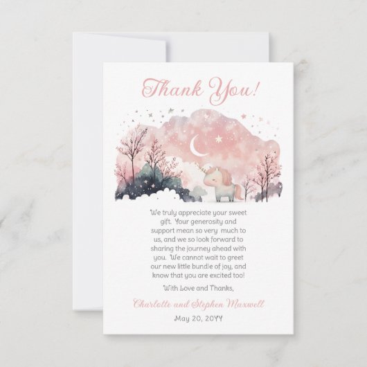 Twinkle Little Star Unicorn Pink Girl Babydusche Dankeskarte (Vorderseite)