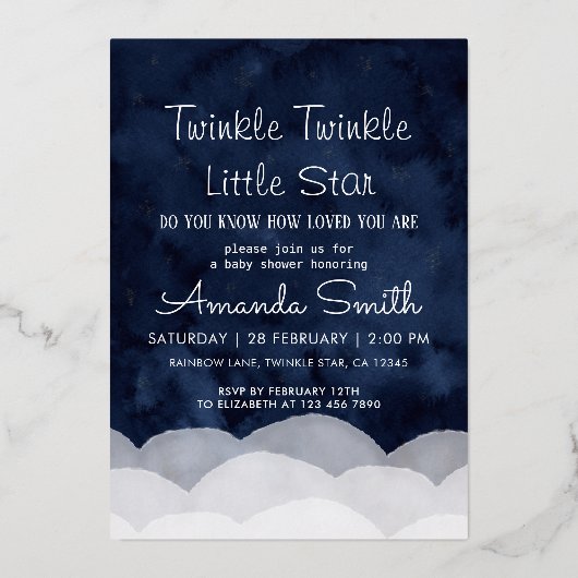 Twinkle Little Star Whimsical Baby Dusche Folieneinladung (Vorderseite)