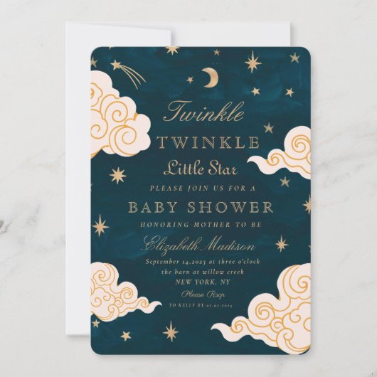 Twinkle Little Stars Niedlich Moon Babydusche Einladung (Vorderseite)