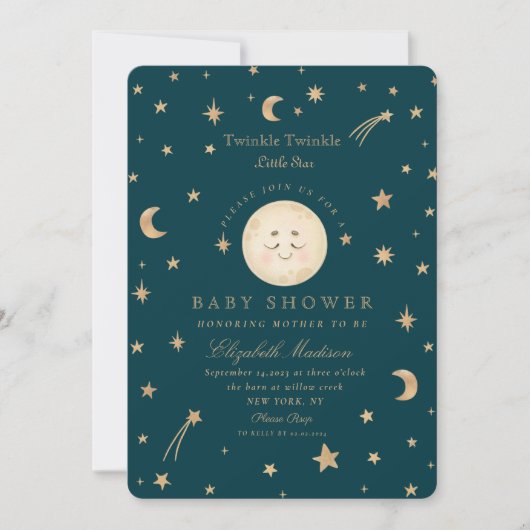 Twinkle Little Stars Niedlich Moon Babydusche Einladung (Vorderseite)