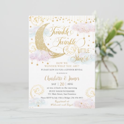 Twinkle Little Stars Pink Gender Reveal Dusche Einladung (Stehend Vorderseite)