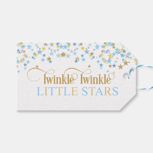 Twinkle Little Stars Twins Baby Dusche Blue & Gold Geschenkanhänger (Vorderseite (Horizontal))