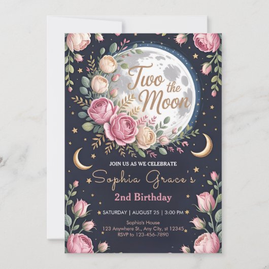 Twinkle Moon und Rosen 2. Geburtstag Einladung (Vorderseite)