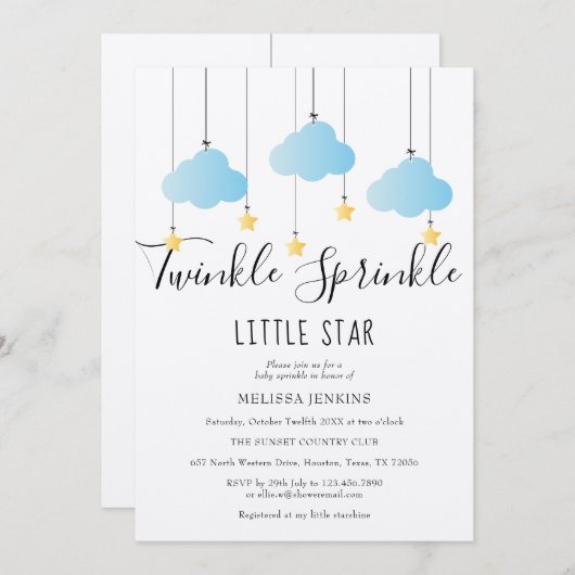 Twinkle Sprinkle Baby Dusche Blauer Rustikaler Boh Einladung (Vorne/Hinten)