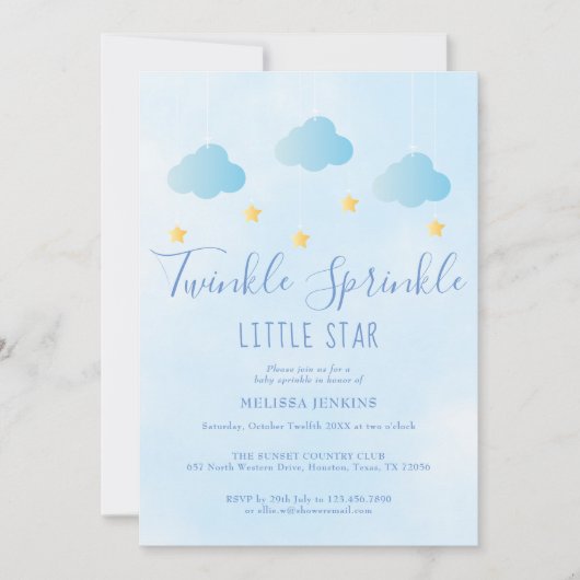 Twinkle Sprinkle Boy Blue All in one Baby Dusche Einladung (Vorderseite)