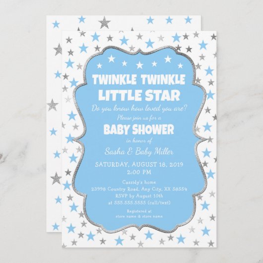 Twinkle Star Baby Dusche blau Silber Einladungen (Vorne/Hinten)
