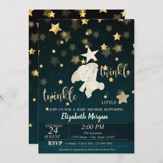 Twinkle Star Black, Gold, BärenBaby Dusche Einladung (Vorne/Hinten)