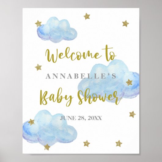 Twinkle Star Blue Clouds Baby Dusche Willkommen Poster (Vorne)