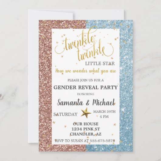 Twinkle Star Glitzer Gold Gender Reveal Party Einladung (Vorderseite)