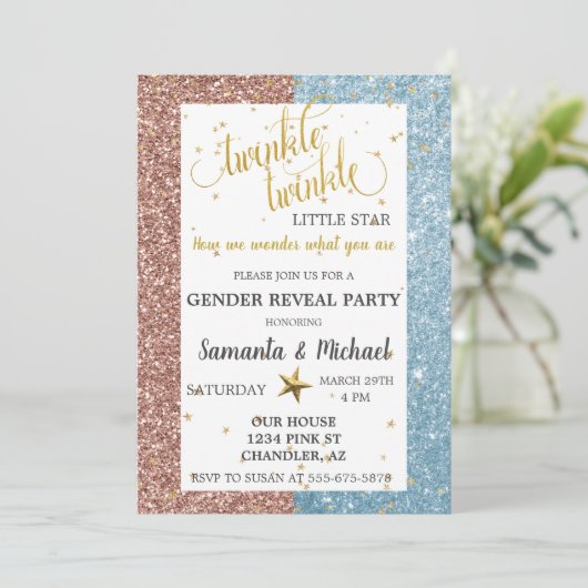 Twinkle Star Glitzer Gold Gender Reveal Party Einladung (Stehend Vorderseite)