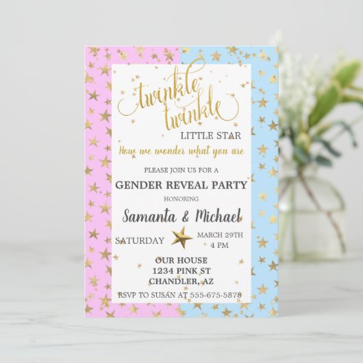 Twinkle Star Gold Metallic Gender Reveal Party Einladung (Stehend Vorderseite)