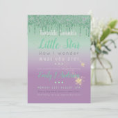 TWINKLE STAR Green Lila Tropfen Glitzer Baby Gende Einladung (Stehend Vorderseite)
