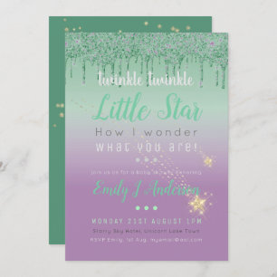 TWINKLE STAR Green Lila Tropfen Glitzer Baby Gende Einladung