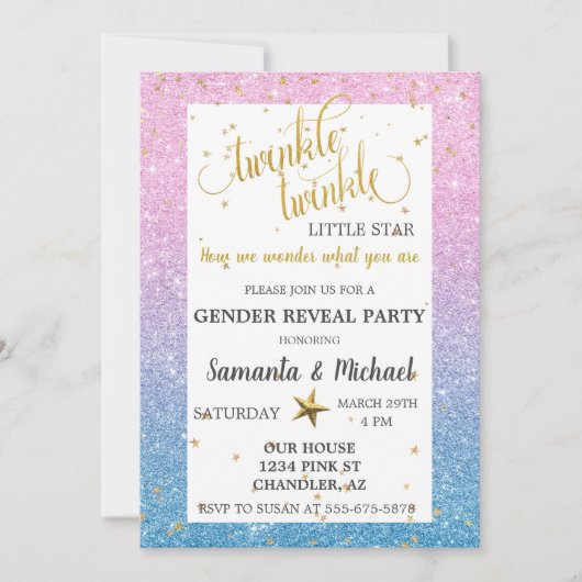 Twinkle Star Ombre Glitzer Gender Reveal Party Einladung (Vorderseite)