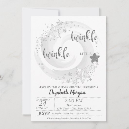 Twinkle Star Silver Glitzer Kinderdusche Einladung (Vorderseite)