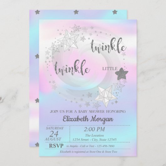 Twinkle Star Silver HolograpBaby Dusche Einladung (Vorne/Hinten)