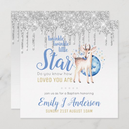 TWINKLE Star Tropfen Glitzer Woodland Deer BAPTISM Einladung (Vorne/Hinten)