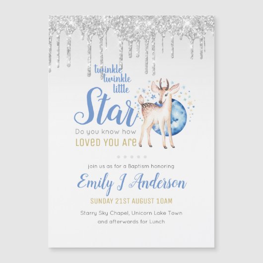 TWINKLE Star Tropfen Glitzer Woodland Deer BAPTISM Magnetkarte (Vorderseite)