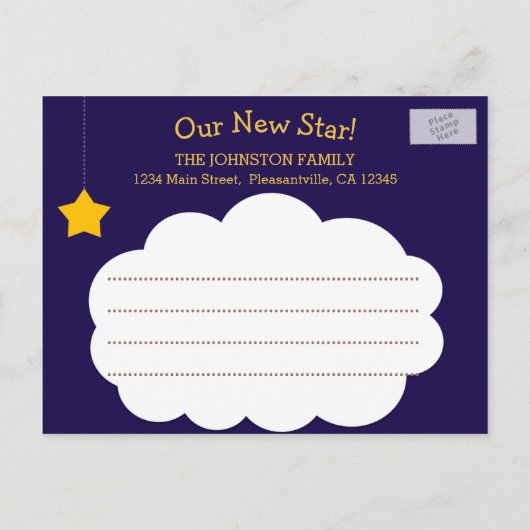 Twinkle Star Whimsical Foto Geburtsankündigung Ankündigungspostkarte (Rückseite)