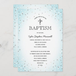 Twinkle Stars und Cross Blue Baby Boy Taufe Einladung