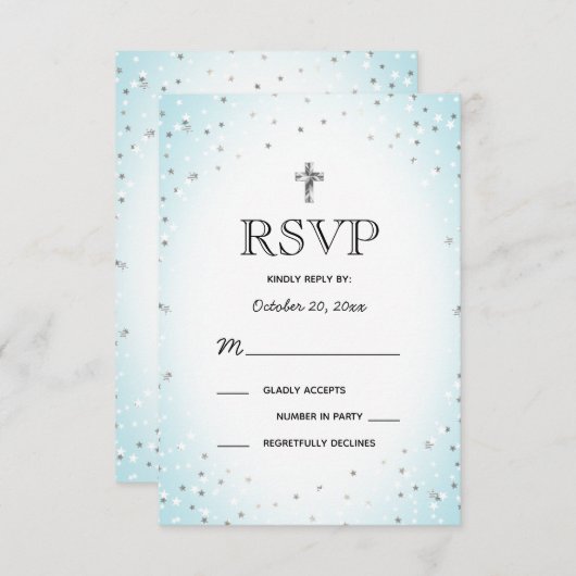 Twinkle Stars und Cross Blue Baby Boy Taufe UAWG Einladung (Vorne/Hinten)