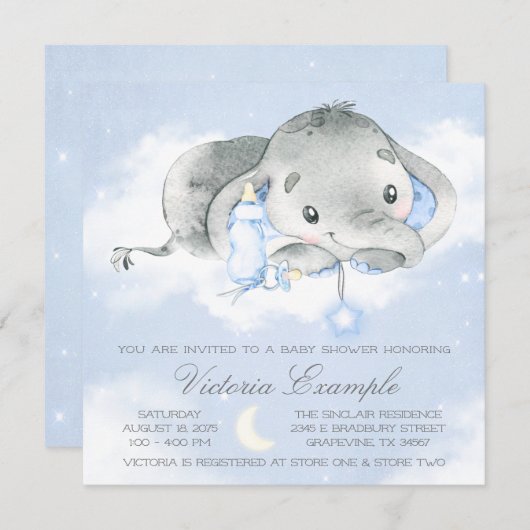 Twinkle Twinkle Baby Boy Elephant Baby Dusche Einladung (Vorne/Hinten)