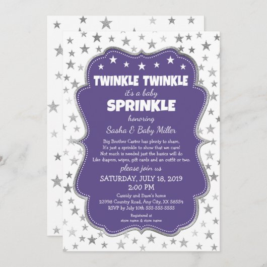 Twinkle Twinkle Baby Sprinkle lila Einladungen (Vorne/Hinten)