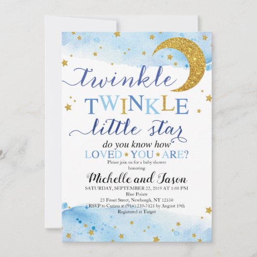 Twinkle Twinkle (Blue & Gold) Babydusche Einladung (Vorderseite)