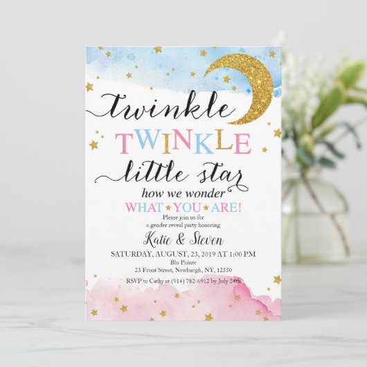 Twinkle Twinkle (Blue & Pink) Genderbericht Einladung (Stehend Vorderseite)