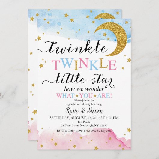 Twinkle Twinkle (Blue & Pink) Genderbericht Einladung (Vorne/Hinten)