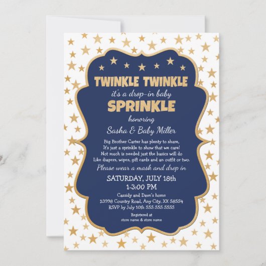 Twinkle Twinkle Drop-in Navy Gold Baby Sprinkle Einladung (Vorderseite)