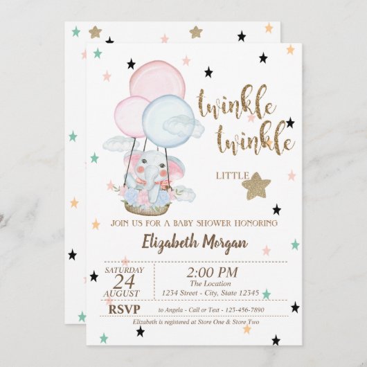 Twinkle Twinkle, Elephant Balloons Babydusche Einladung (Vorne/Hinten)