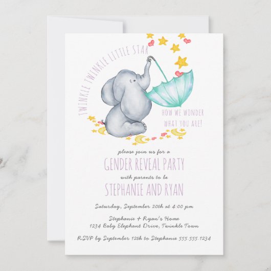 Twinkle Twinkle Elephant Lilac Gender Reveal Einladung (Vorderseite)