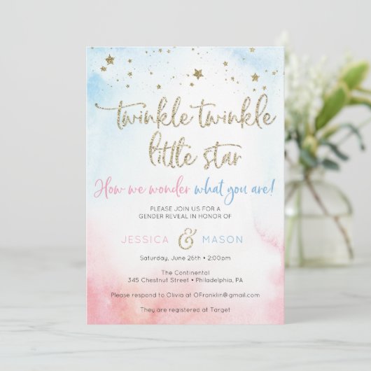 Twinkle Twinkle Gender Reveal Invites Card Programm (Stehend Vorderseite)