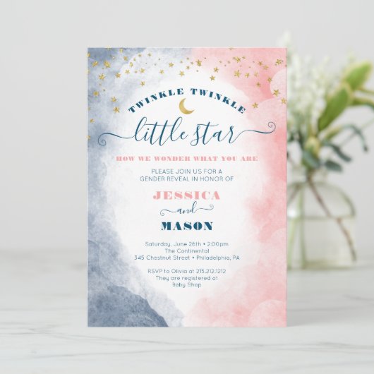 Twinkle Twinkle Gender Reveal Navy Blush Invites Programm (Stehend Vorderseite)