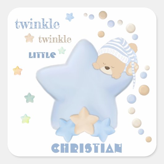 Twinkle Twinkle Little Star Baby Boy Teddy Bear Quadratischer Aufkleber (Vorderseite)